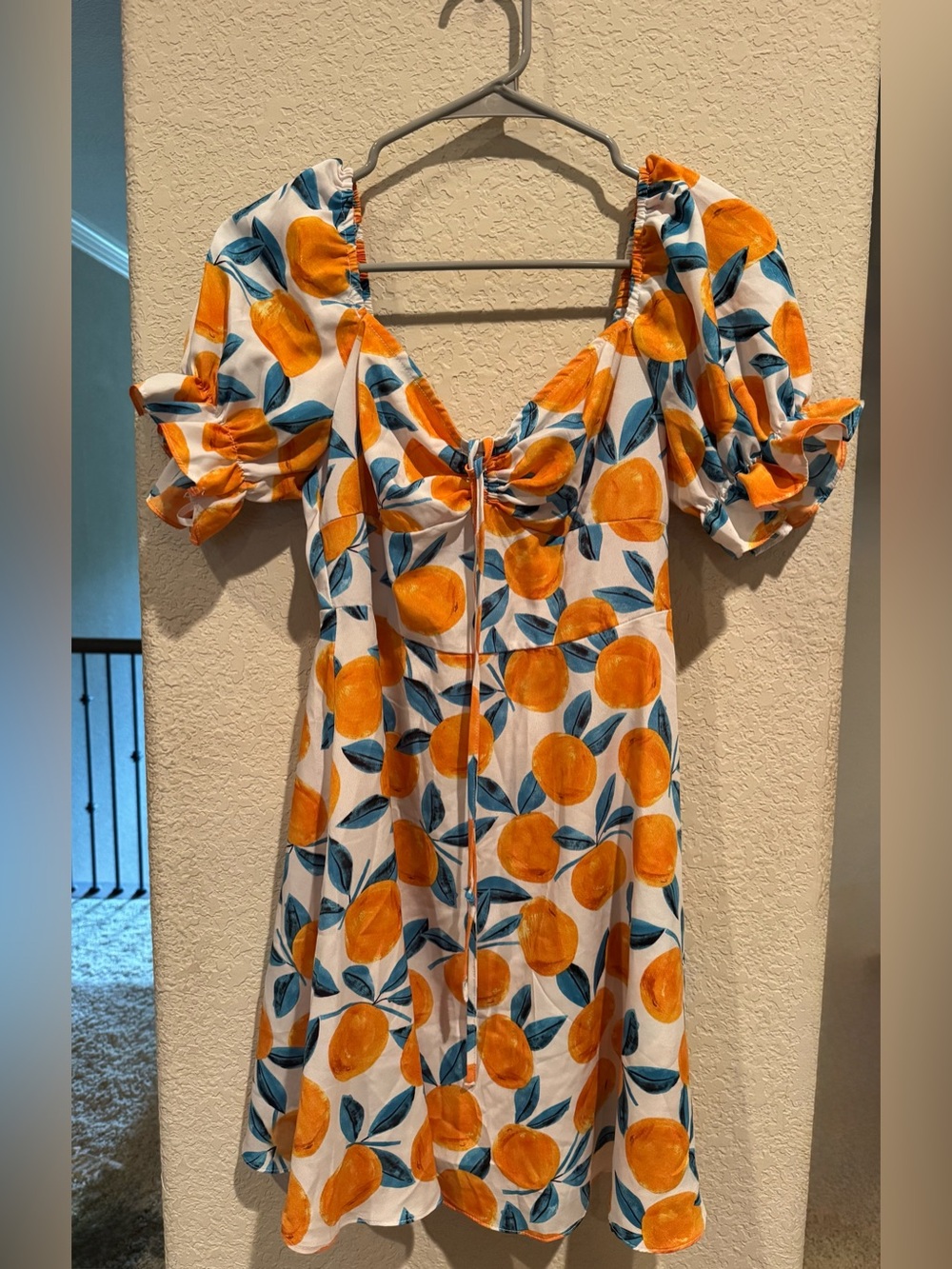 White Orange-Print Puff Sleeve Tie-Front Dress